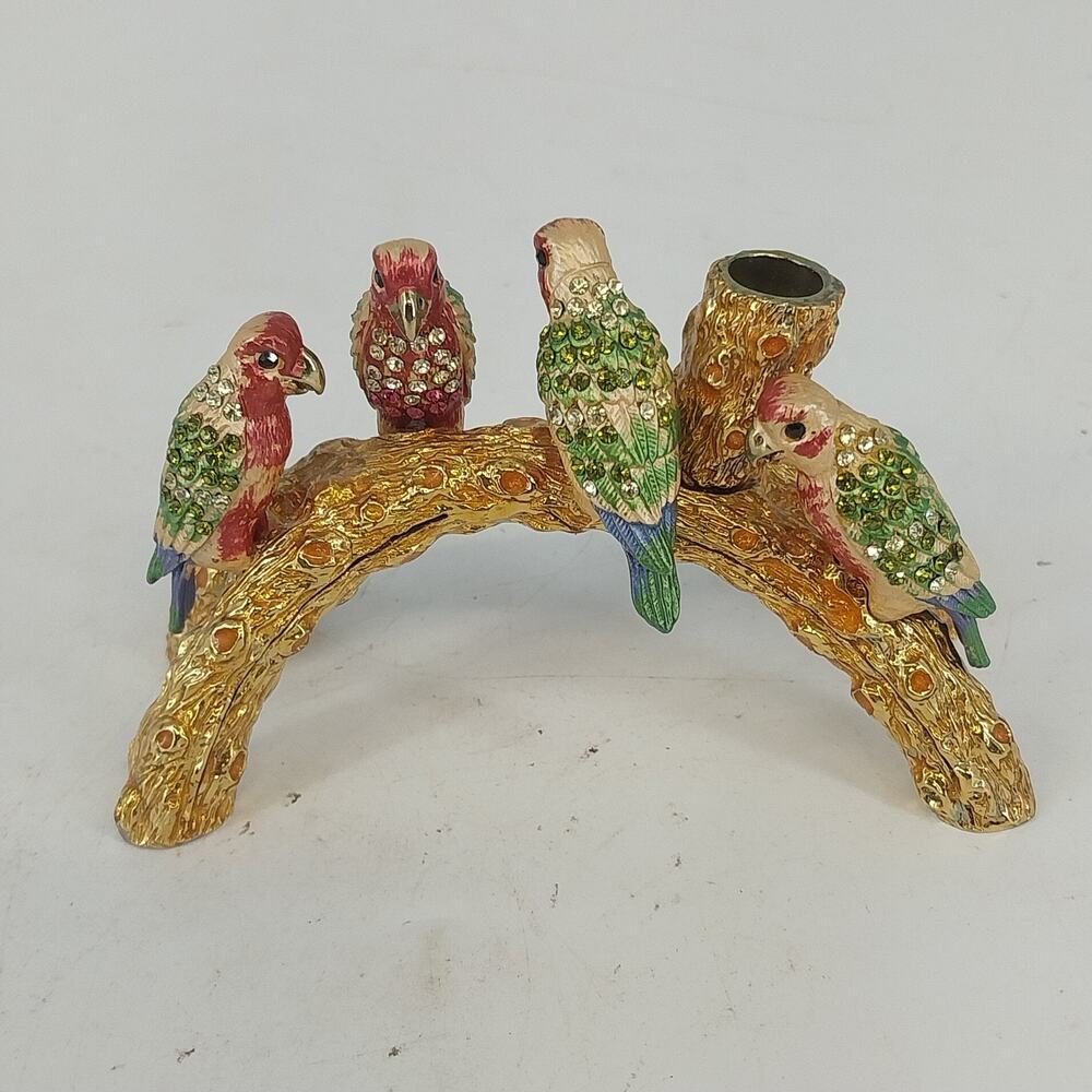 Metal Enamel Crystal Parrot Pen & Business Card Holder Bird on Branch Desk Decor